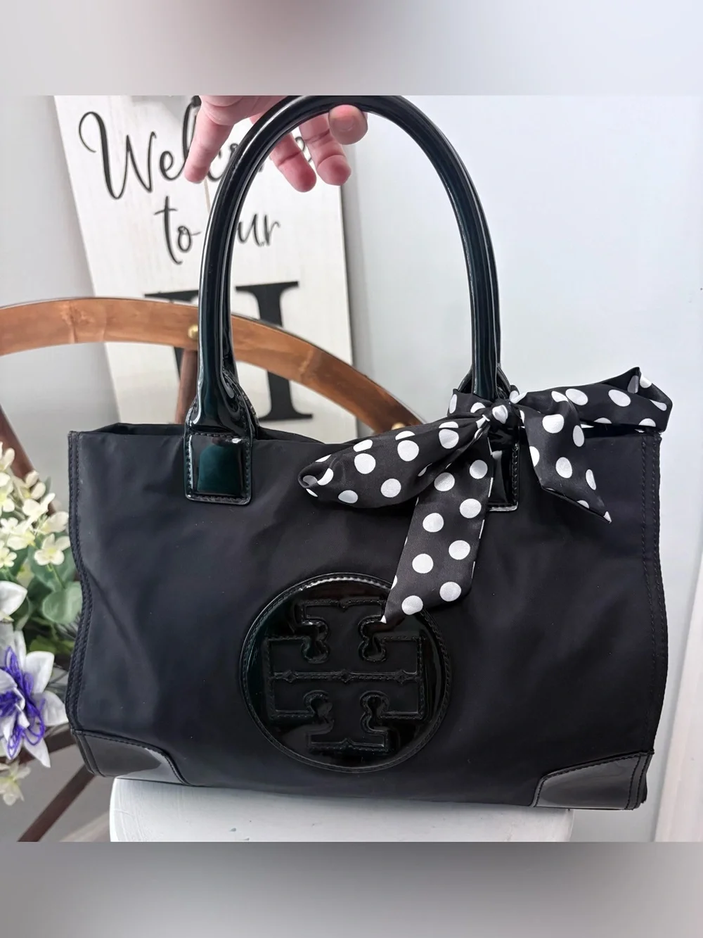 🖤 TORY BURCH Black Ella Tote with tan interior